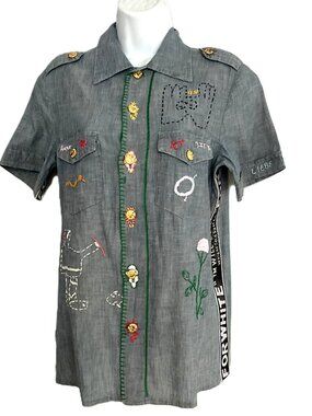 History-Femme by Michele R Vintage Denim Shirt Embroidered Patchwork Size 6 USA
